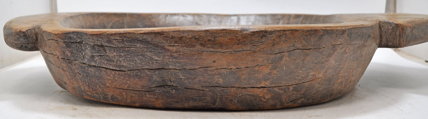 Antique Wooden Large Heavy Parat Bowl With Handles Original Old Hand Carved