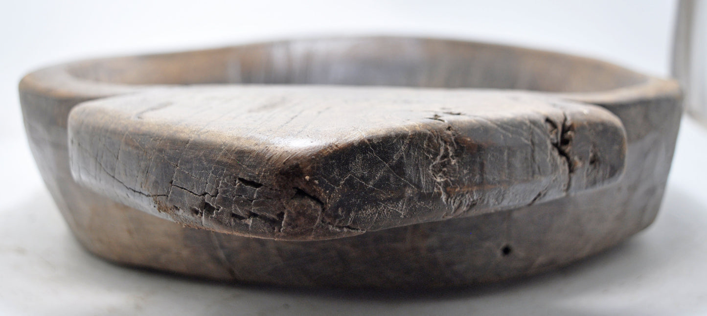 Antique Wooden Large Heavy Parat Bowl With Handles Original Old Hand Carved
