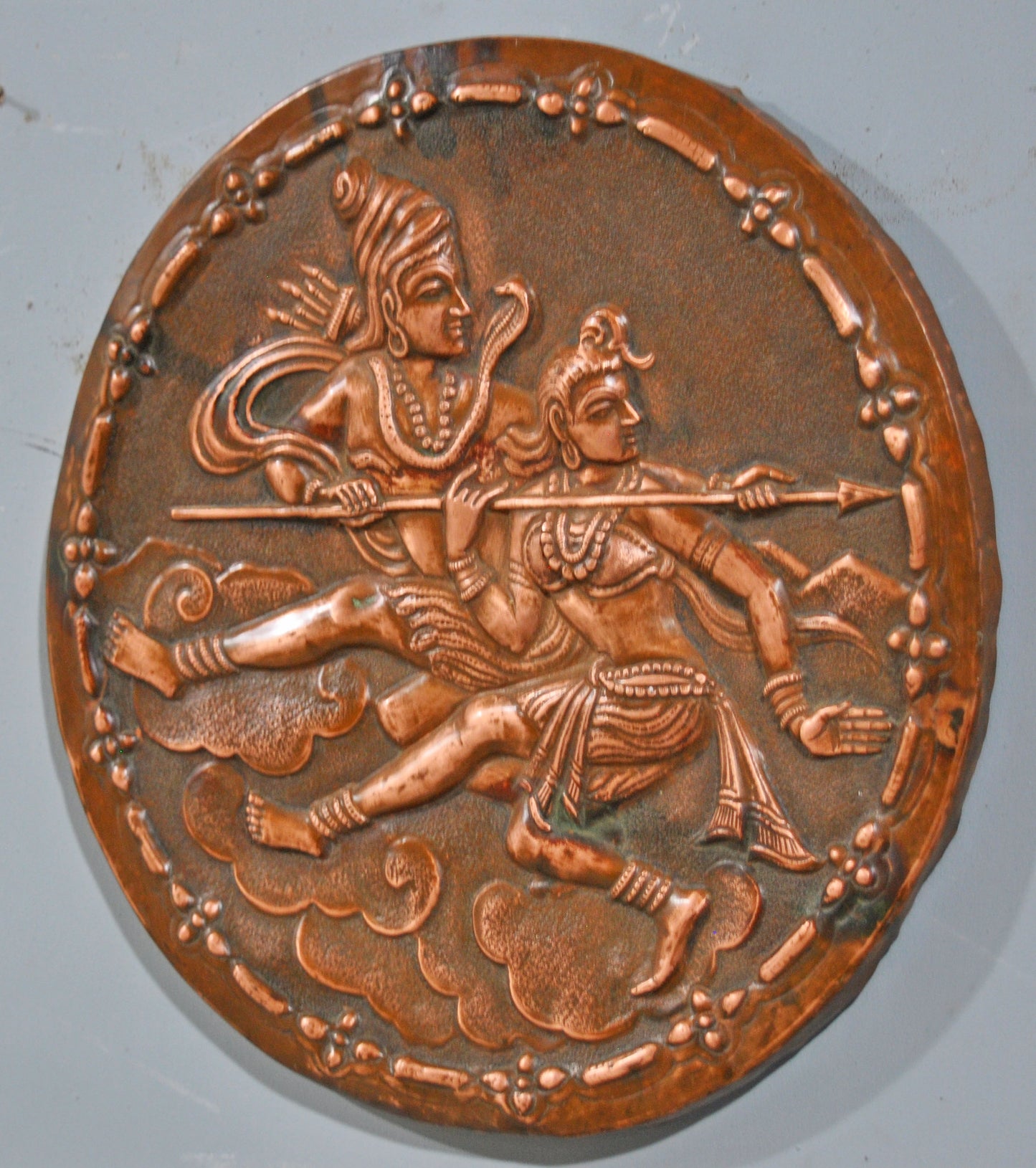 Antique Copper Round Wall Decor God Shiva Parwati Panel Plaque Original Old Fine