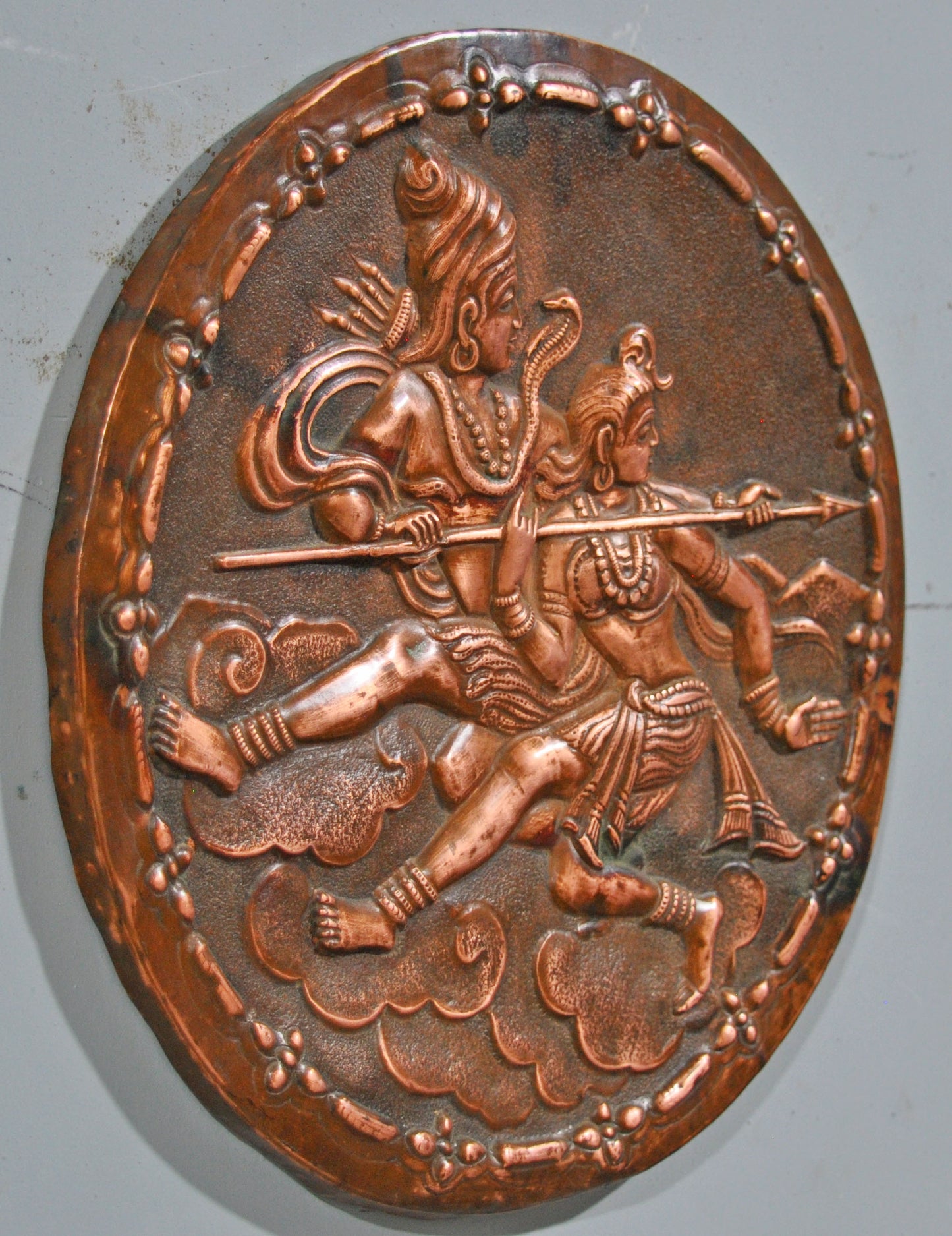 Antique Copper Round Wall Decor God Shiva Parwati Panel Plaque Original Old Fine
