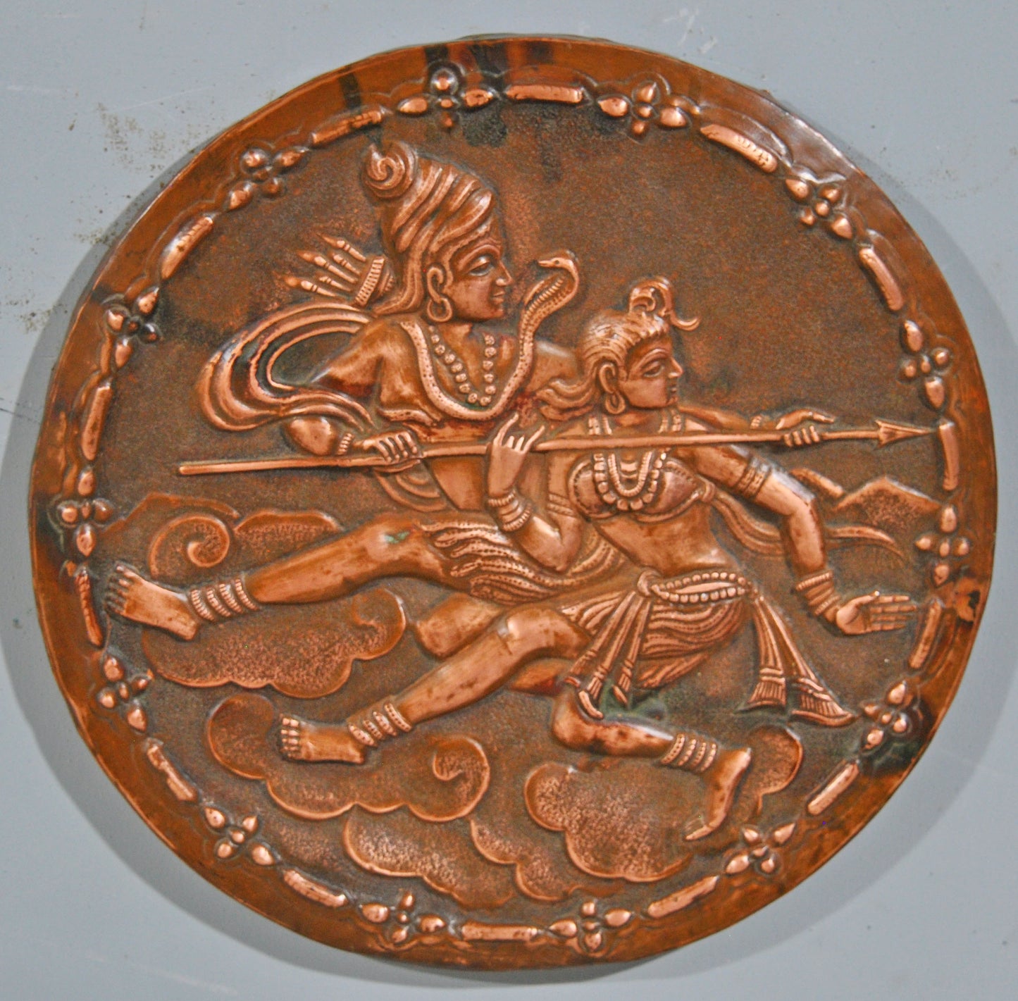 Antique Copper Round Wall Decor God Shiva Parwati Panel Plaque Original Old Fine