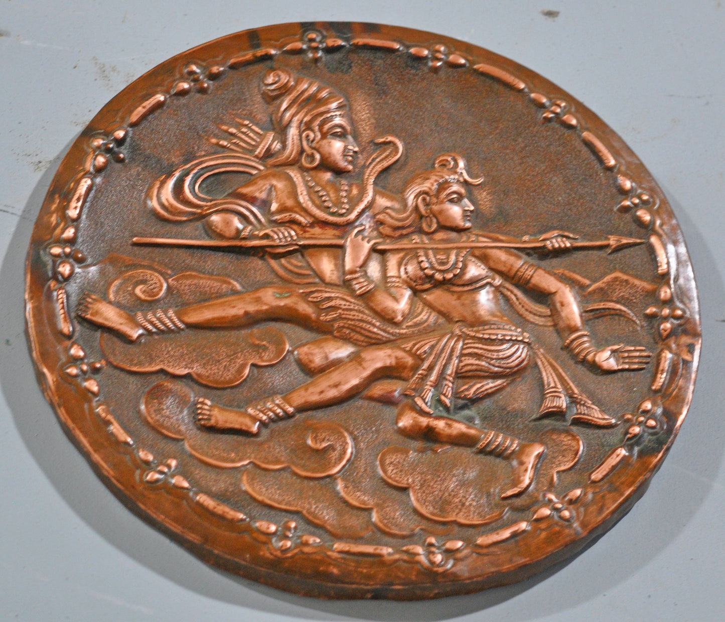 Antique Copper Round Wall Decor God Shiva Parwati Panel Plaque Original Old Fine
