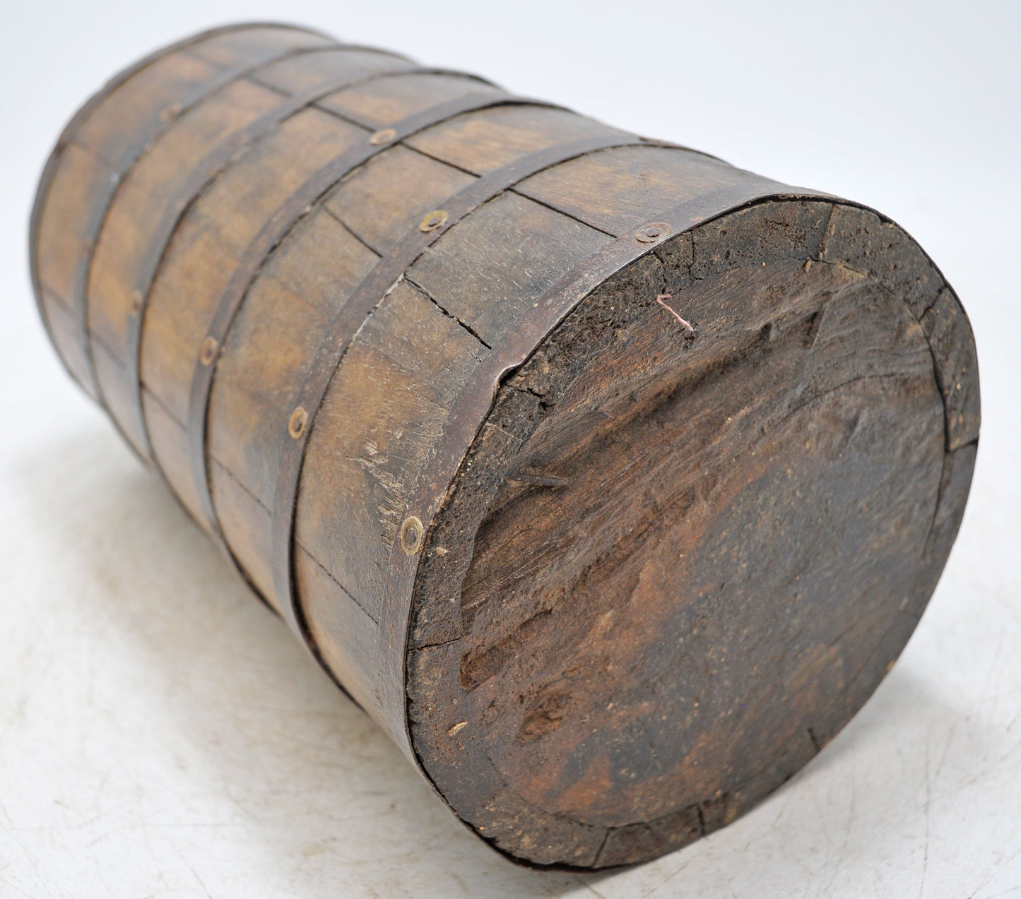 Vintage Wooden Grain Measurement Pot Original Old Hand Crafted Metal Fitted