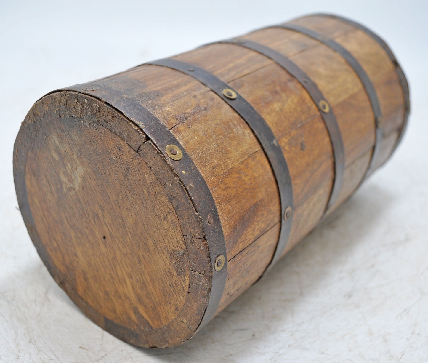 Vintage Wooden Grain Measurement Pot Original Old Hand Crafted Metal Fitted