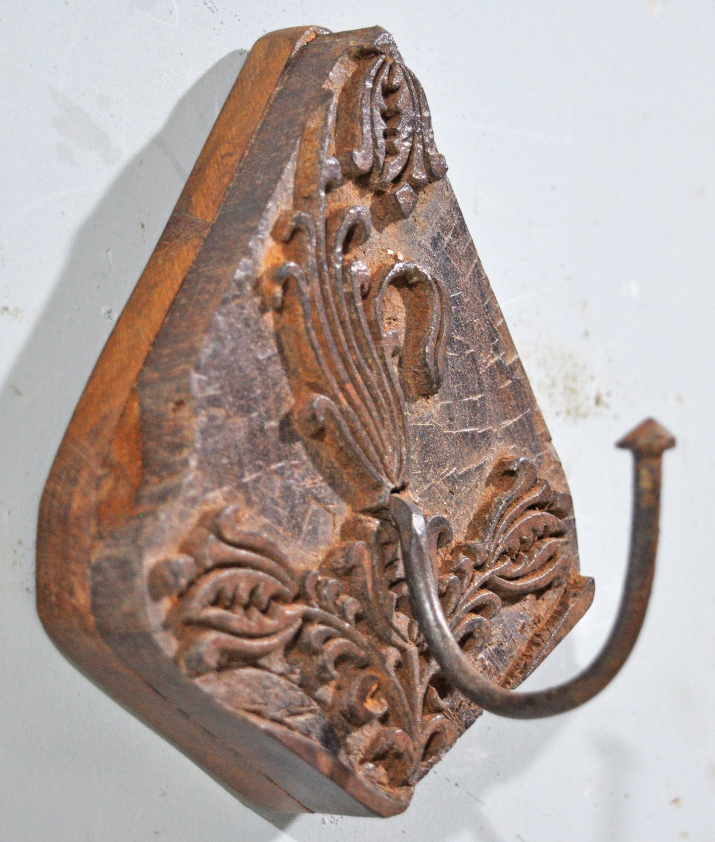 Antique Wooden Textile Printing Block Hook Hanger Original Old Hand Carved