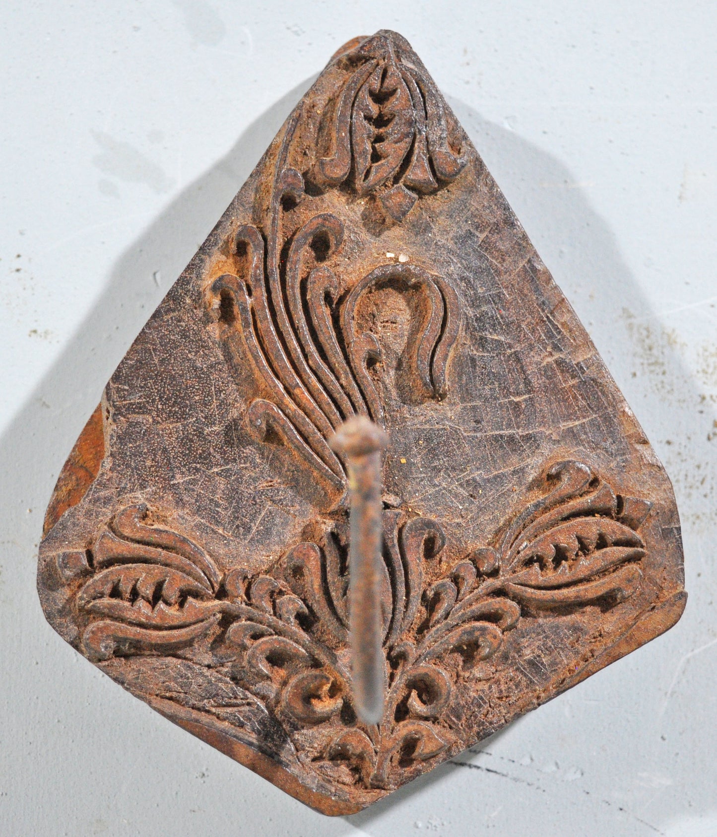 Antique Wooden Textile Printing Block Hook Hanger Original Old Hand Carved