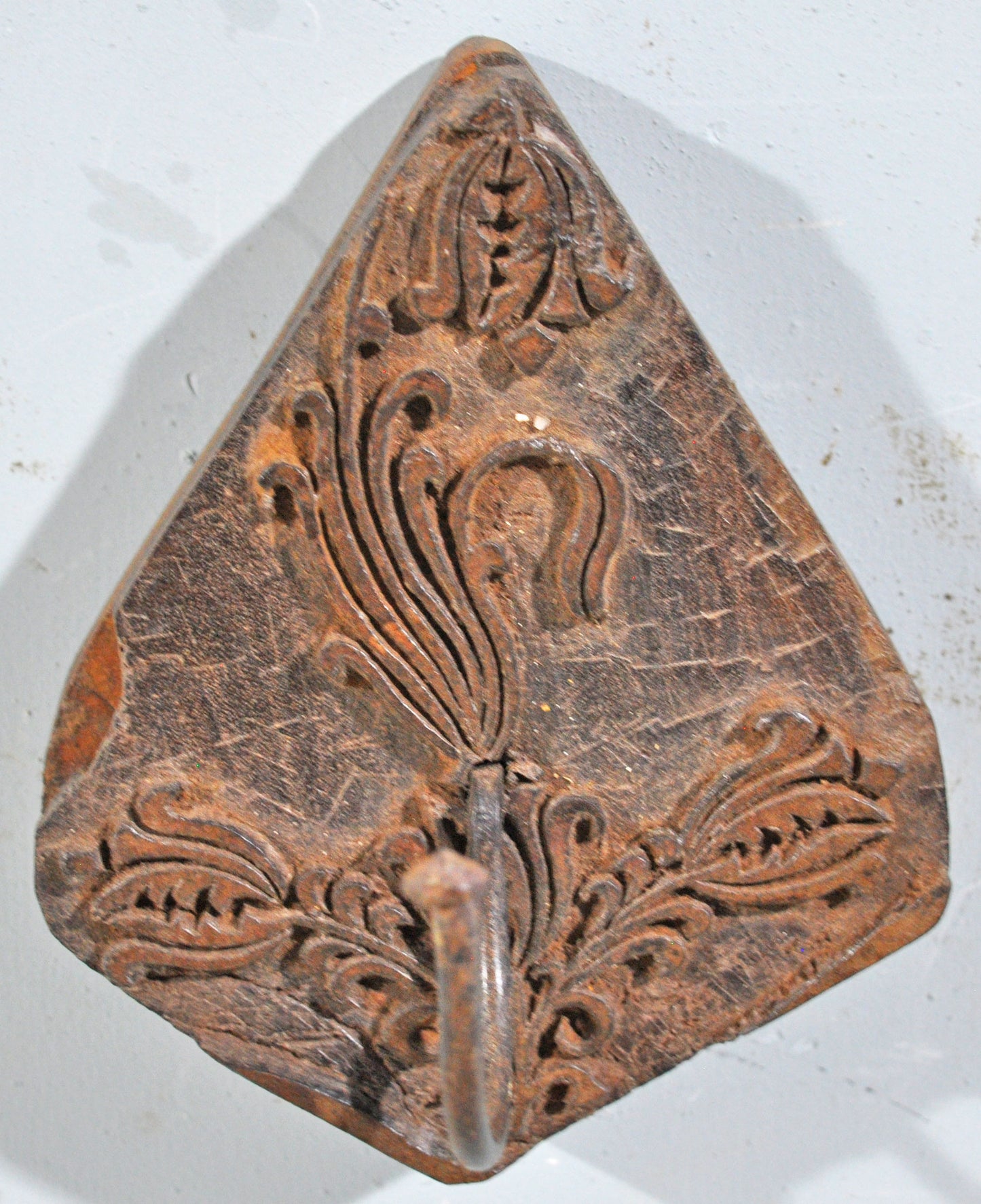 Antique Wooden Textile Printing Block Hook Hanger Original Old Hand Carved