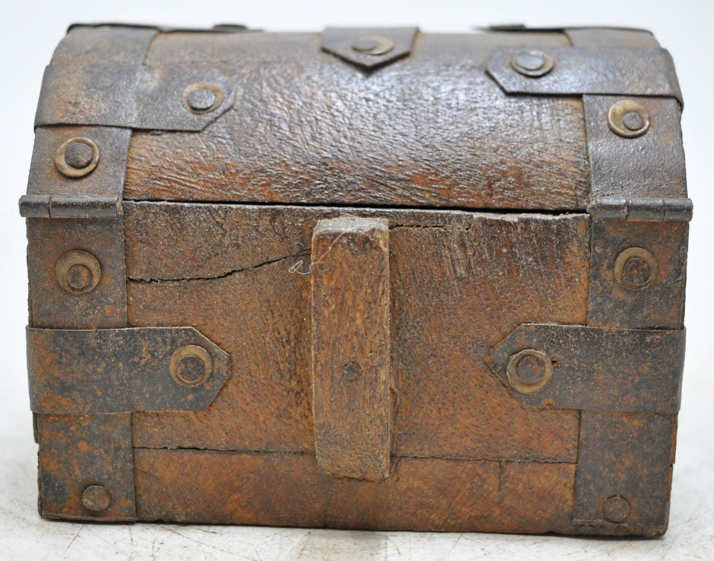 Vintage Wooden Half Round Top Storage Box Original Old Hand Crafted Metal Fitted