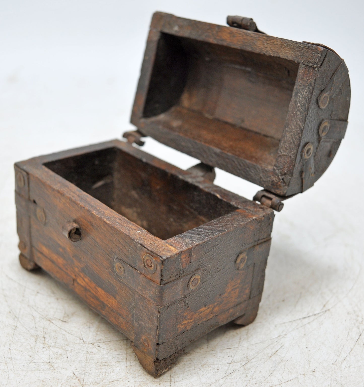 Vintage Wooden Half Round Top Storage Box Original Old Hand Crafted Metal Fitted