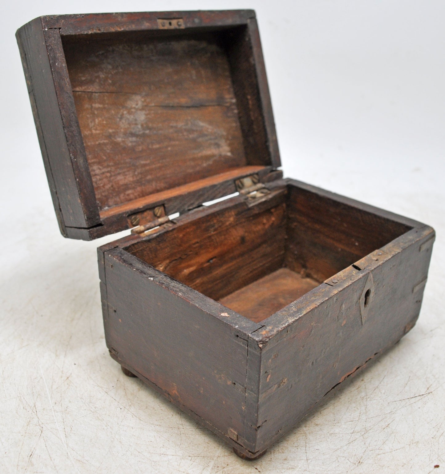 Antique Wooden Jewellery Box Original Old Hand Crafted Brass Fitted