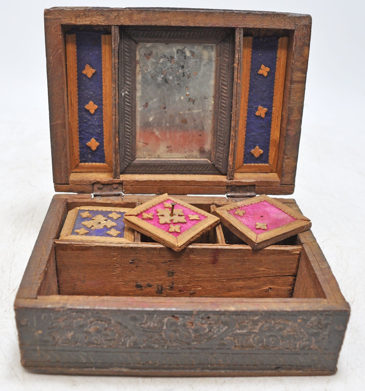 Antique Wooden Jewellery Storage Box Original Old Hand Fine Carved