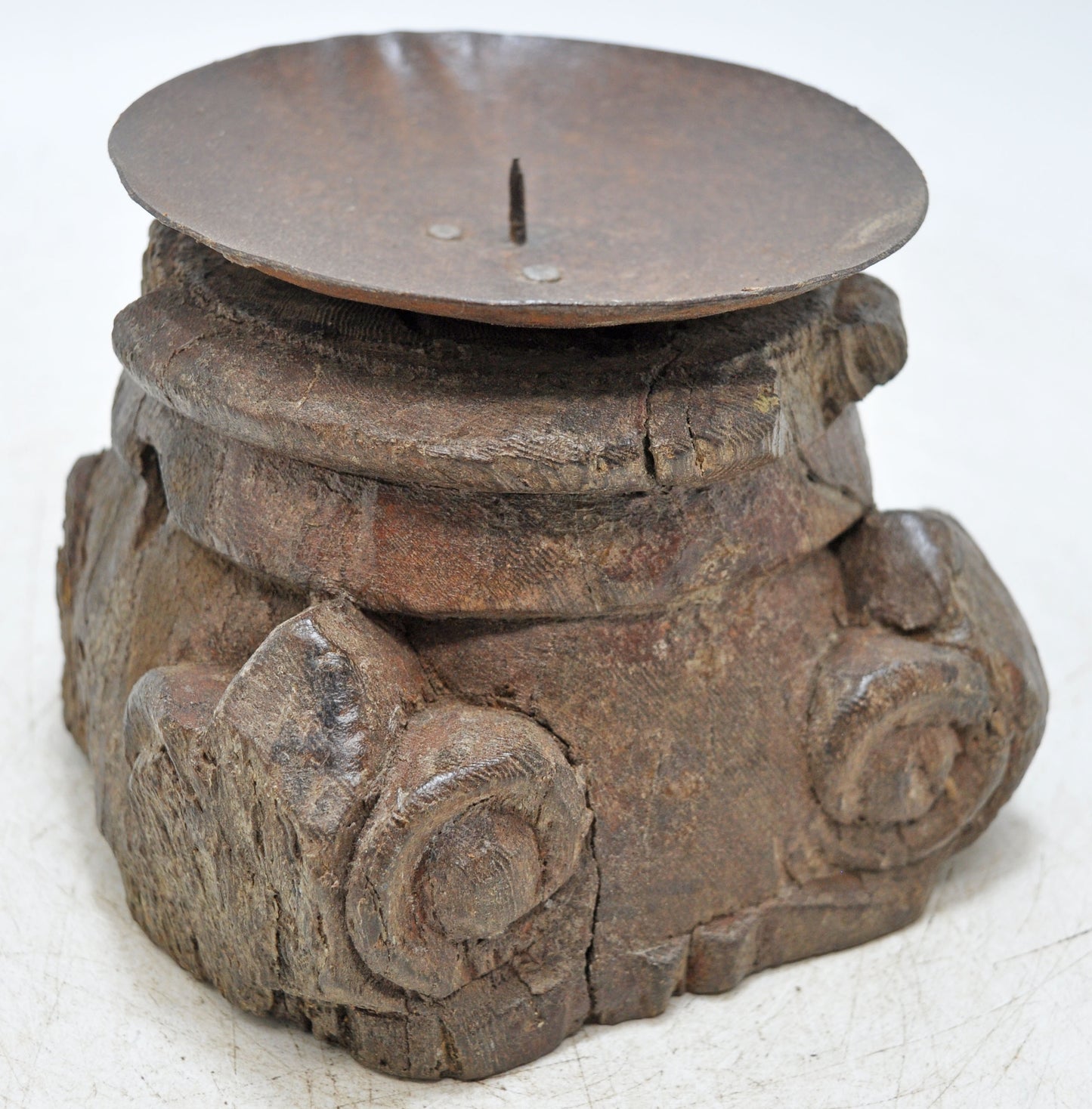 Antique Wooden Small Pillar Base Candle Holder Original Old Hand Carved