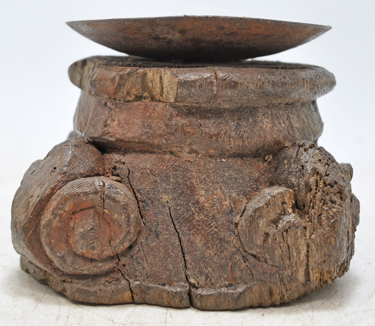 Antique Wooden Small Pillar Base Candle Holder Original Old Hand Carved