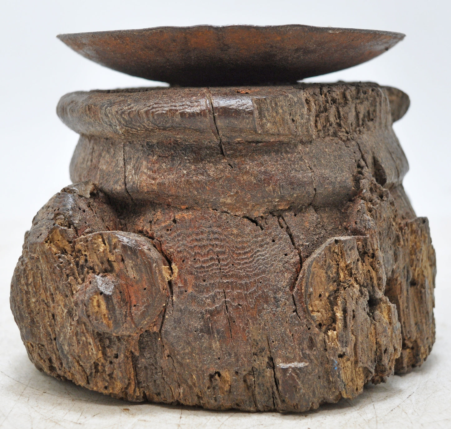 Antique Wooden Small Pillar Base Candle Holder Original Old Hand Carved