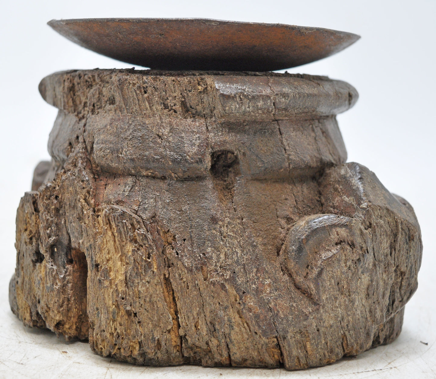 Antique Wooden Small Pillar Base Candle Holder Original Old Hand Carved