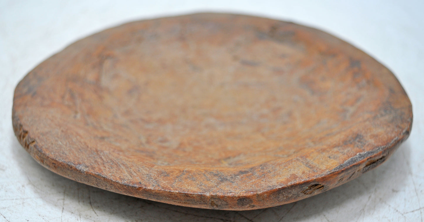 Antique Wooden Round Plate Original Old Hand Carved