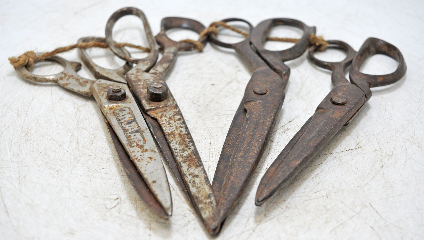 Lot of 4 Antique Iron Old Long Tailor's Scissors Original Old Hand Crafted