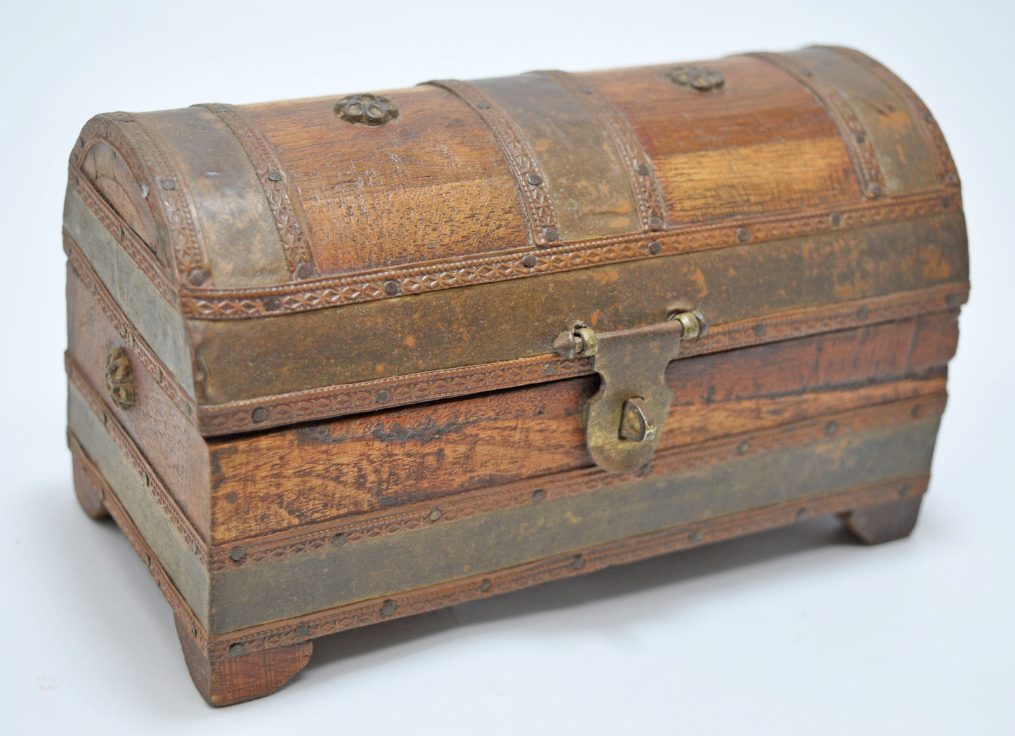 Vintage Wooden Half Round Jewellery Storage Box Original Old Brass Fitted