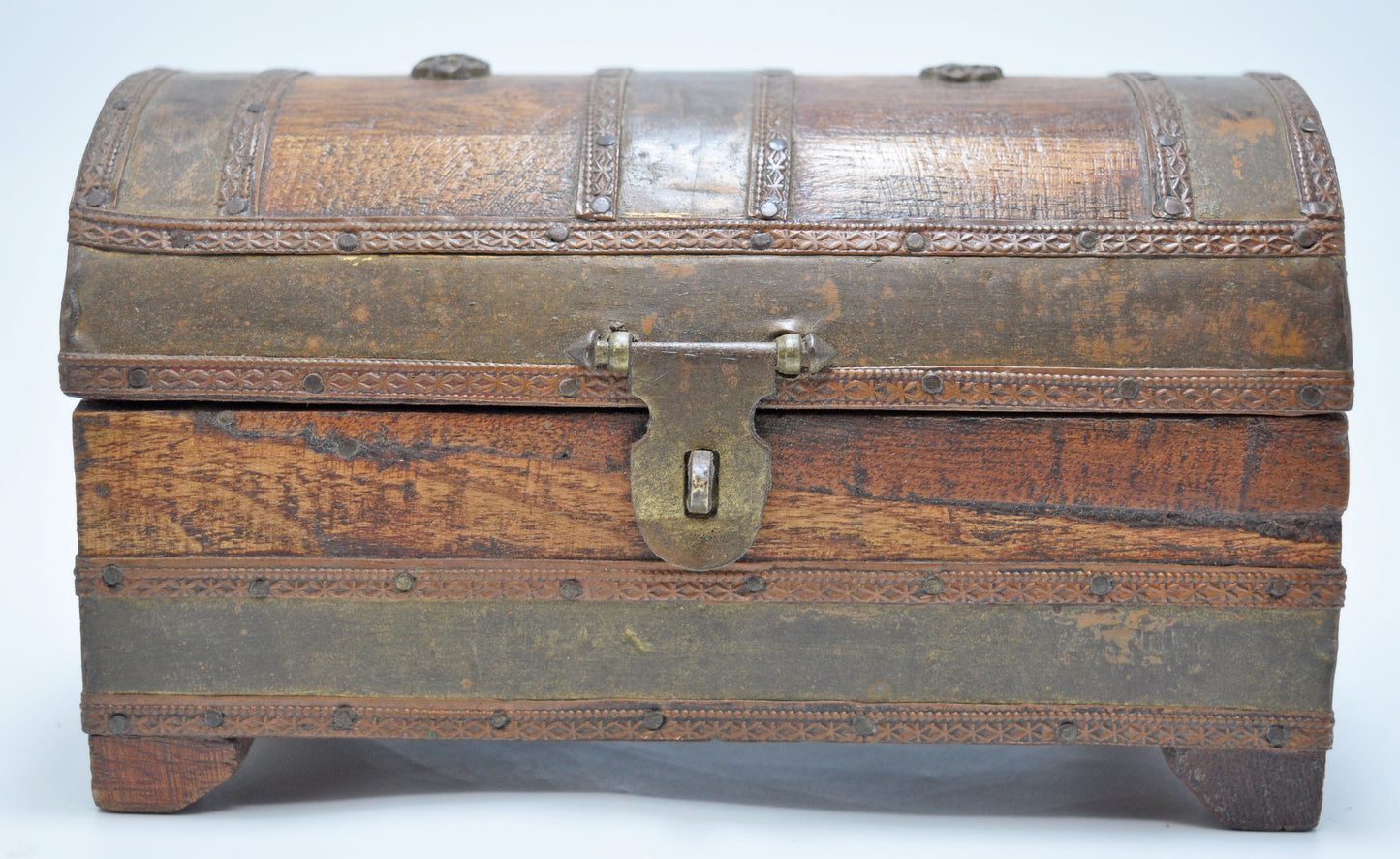 Vintage Wooden Half Round Jewellery Storage Box Original Old Brass Fitted