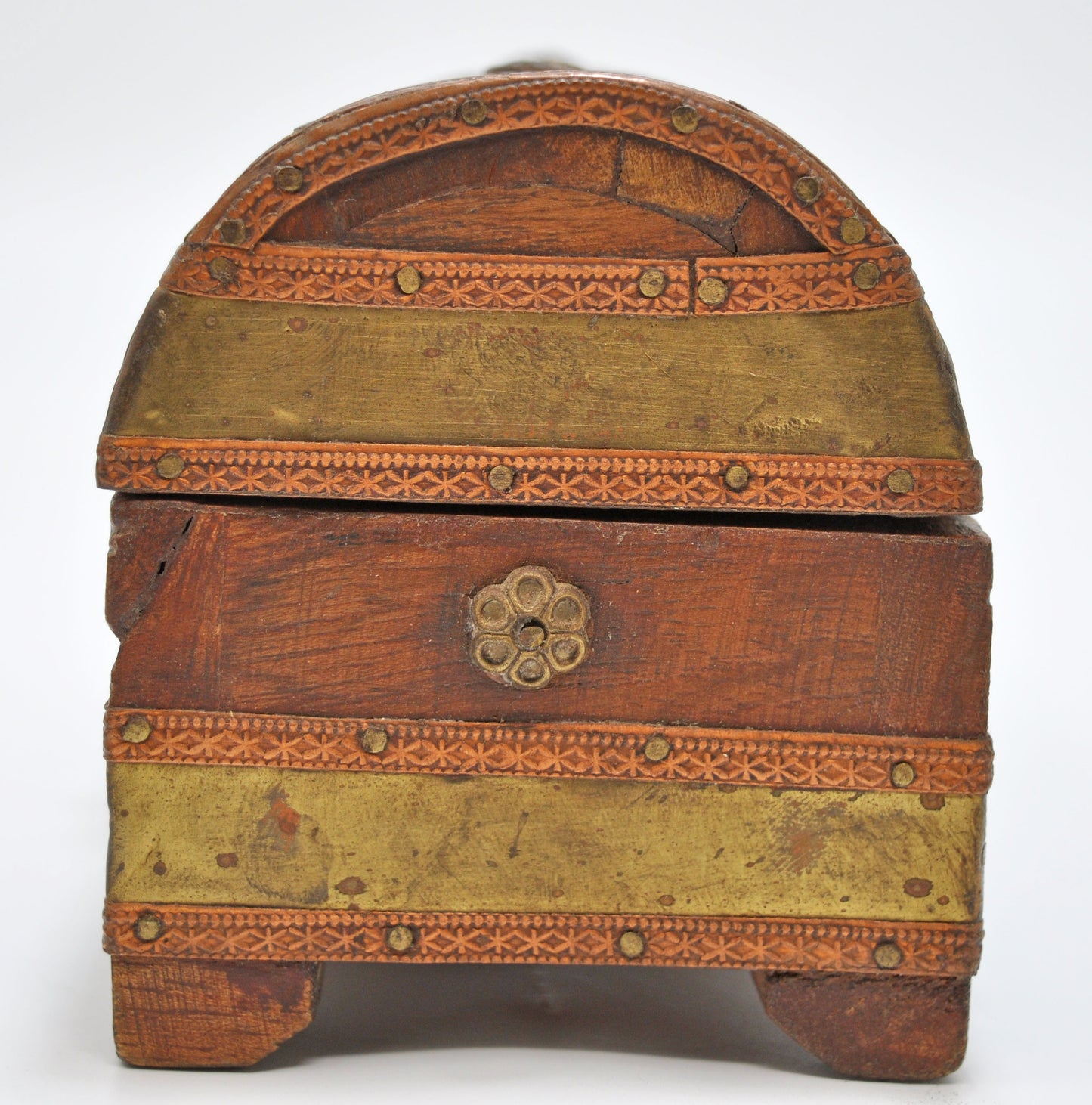 Vintage Wooden Half Round Jewellery Storage Box Original Old Brass Fitted