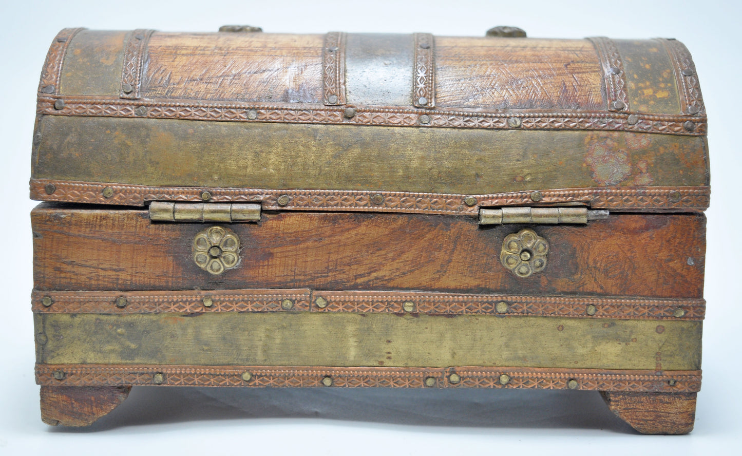 Vintage Wooden Half Round Jewellery Storage Box Original Old Brass Fitted