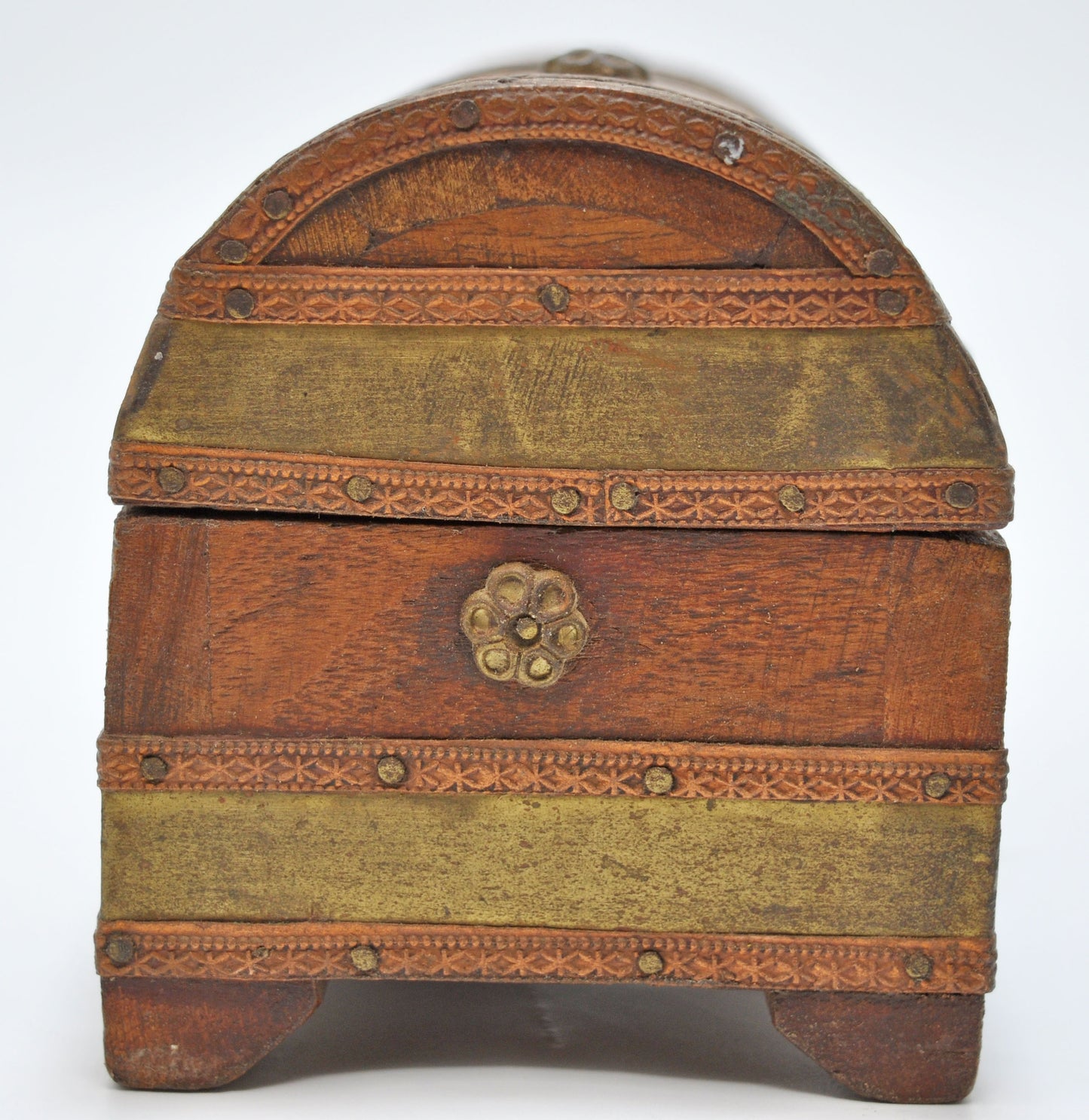 Vintage Wooden Half Round Jewellery Storage Box Original Old Brass Fitted