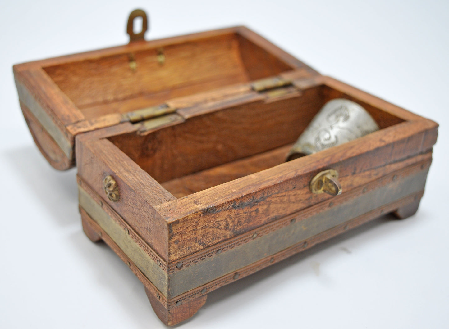 Vintage Wooden Half Round Jewellery Storage Box Original Old Brass Fitted