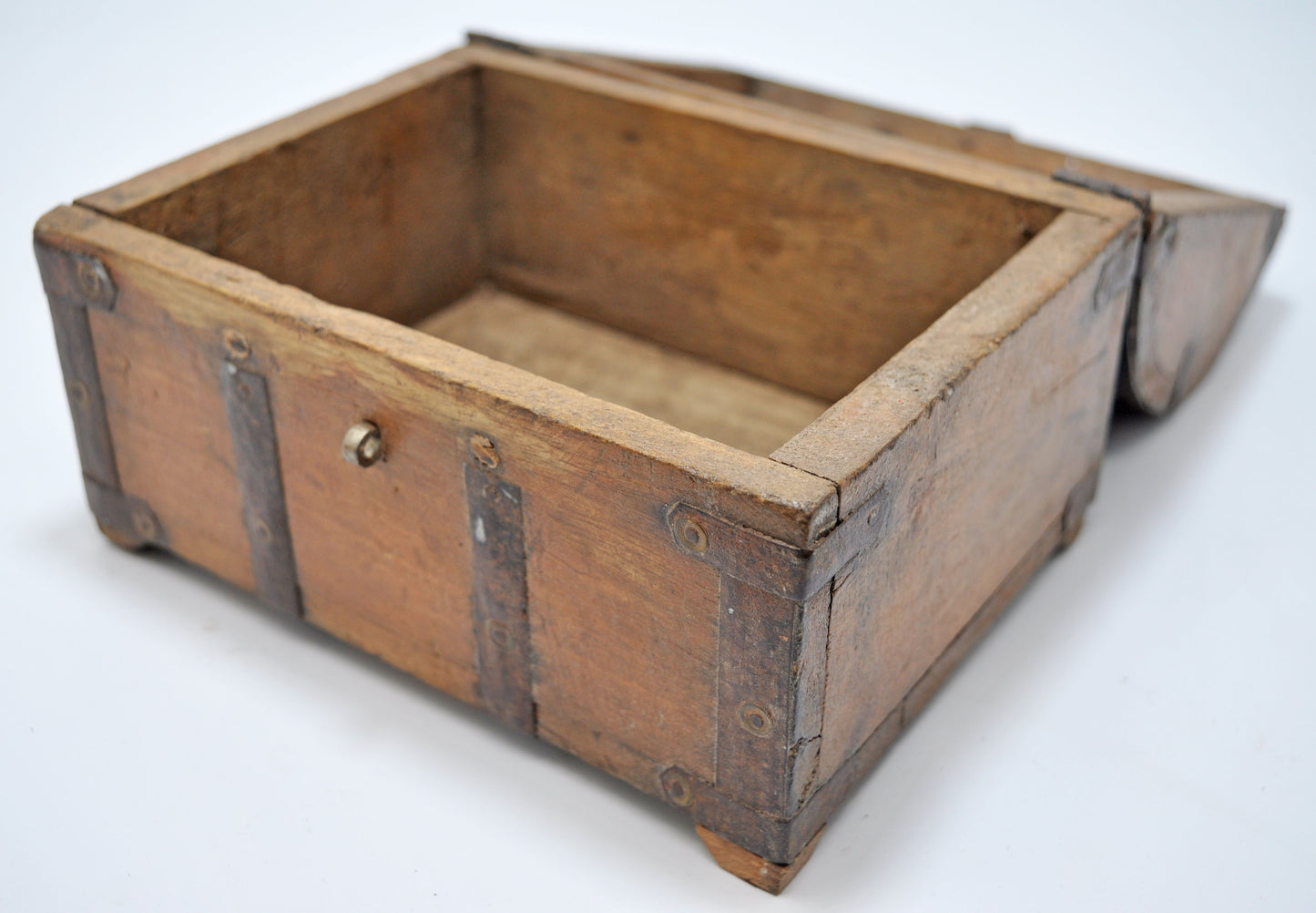 Vintage Wooden Half Round Jewellery Storage Box Original Old Metal Fitted