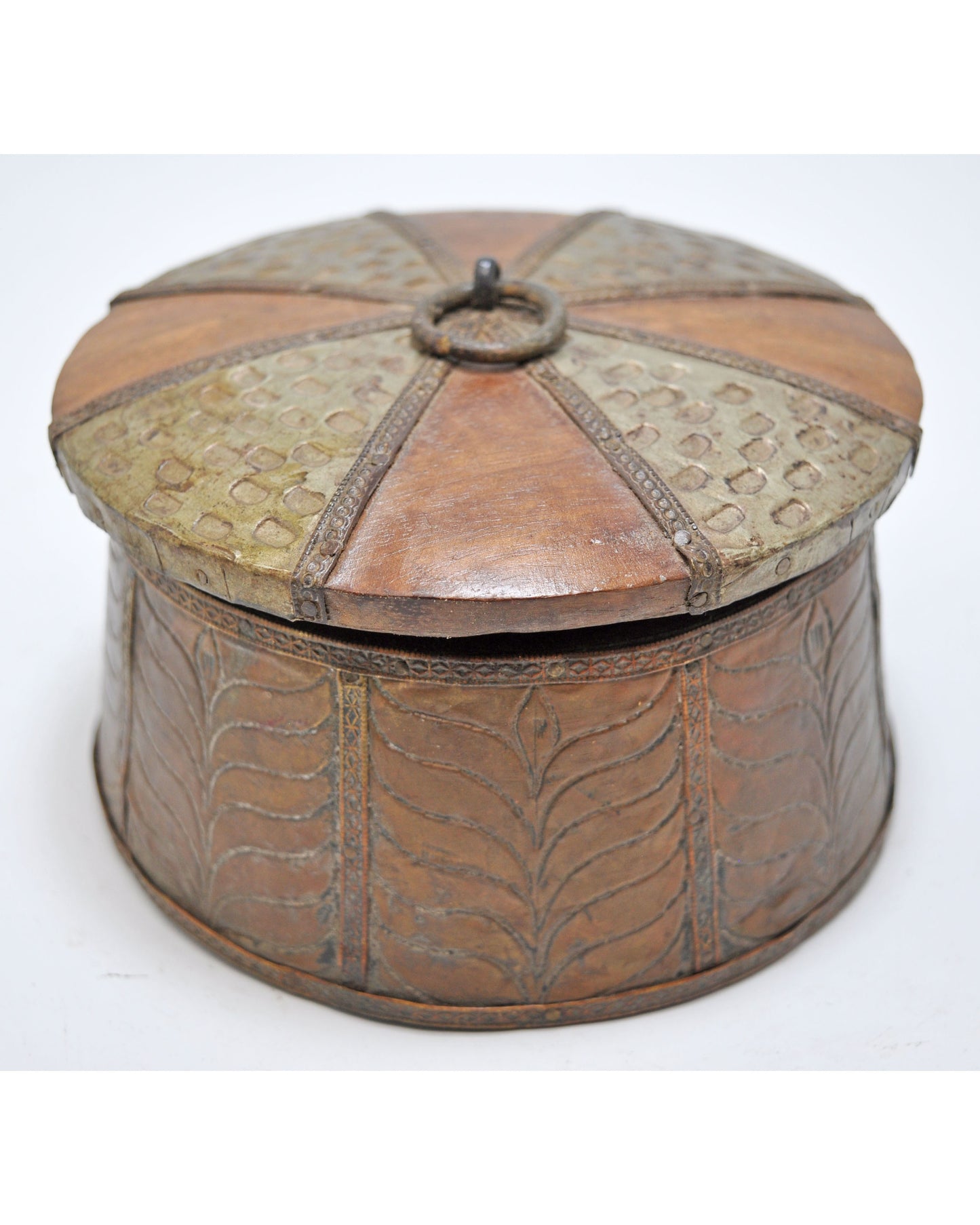 Vintage Wooden Round Kum Kum Powder Tika Box Original Old Brass Fitted