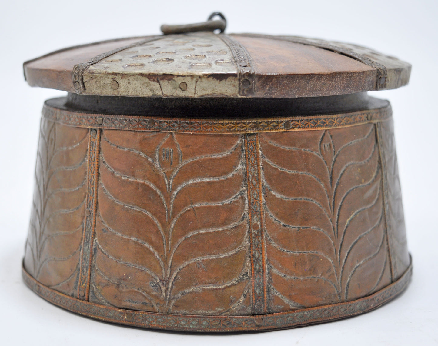 Vintage Wooden Round Kum Kum Powder Tika Box Original Old Brass Fitted