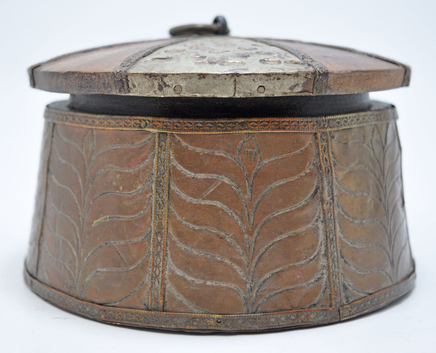 Vintage Wooden Round Kum Kum Powder Tika Box Original Old Brass Fitted