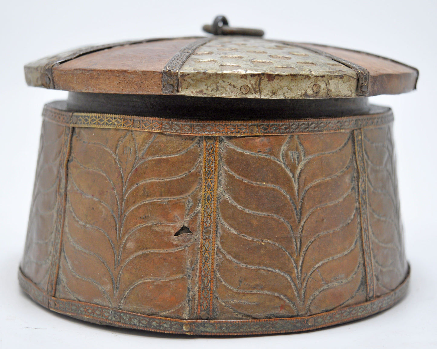 Vintage Wooden Round Kum Kum Powder Tika Box Original Old Brass Fitted