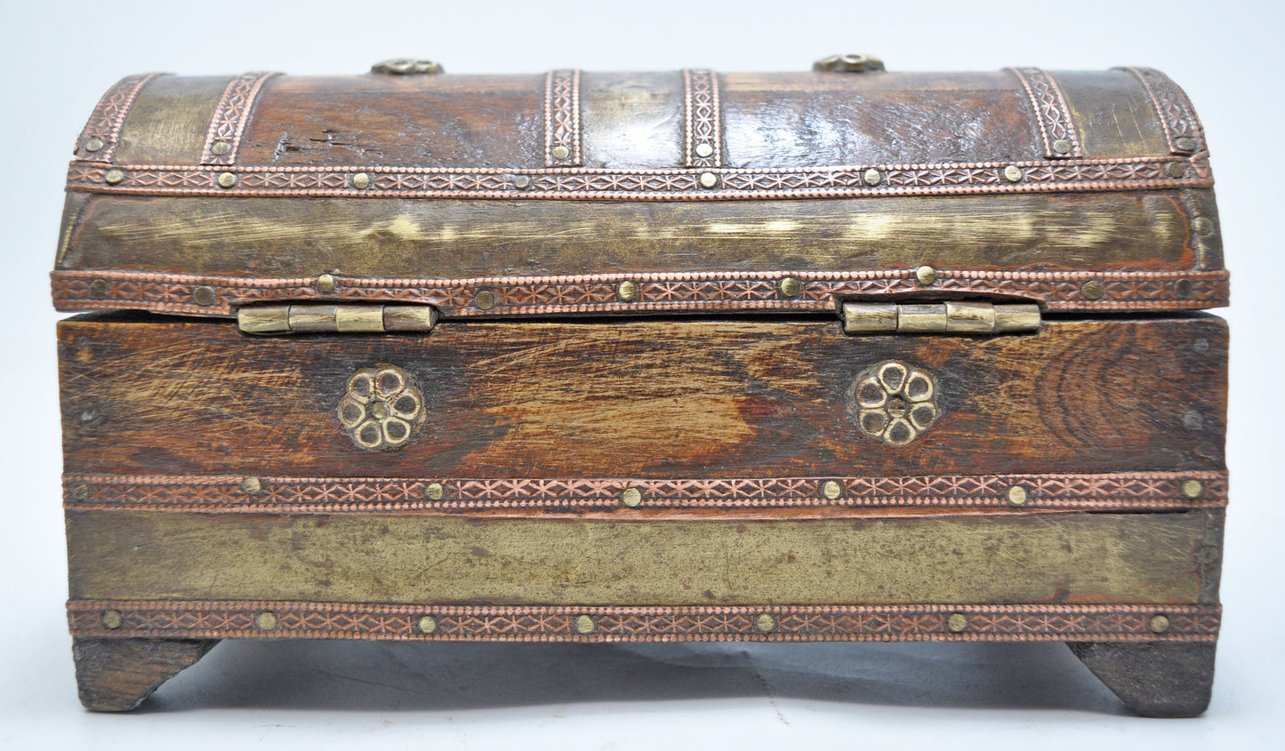 Vintage Wooden Half Round Top Small Storage Box Original Old Hand Crafted Brass Fitted
