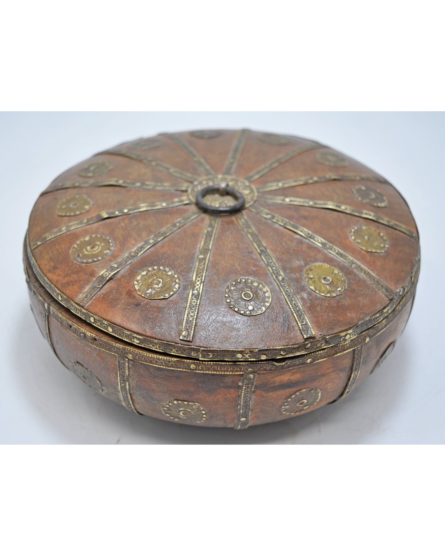 Vintage Wooden Round Kum Kum Powder Tika Box Original Old Hand Carved Brass Fitted