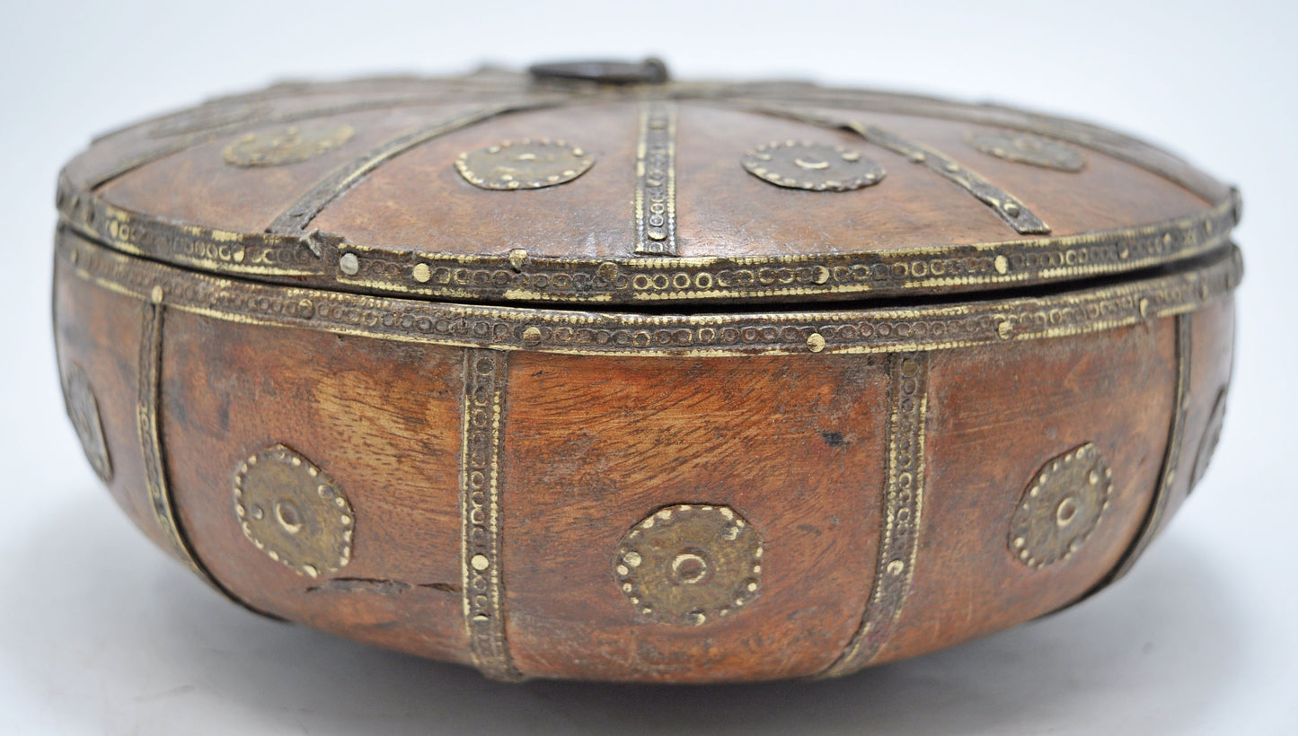 Vintage Wooden Round Kum Kum Powder Tika Box Original Old Hand Carved Brass Fitted