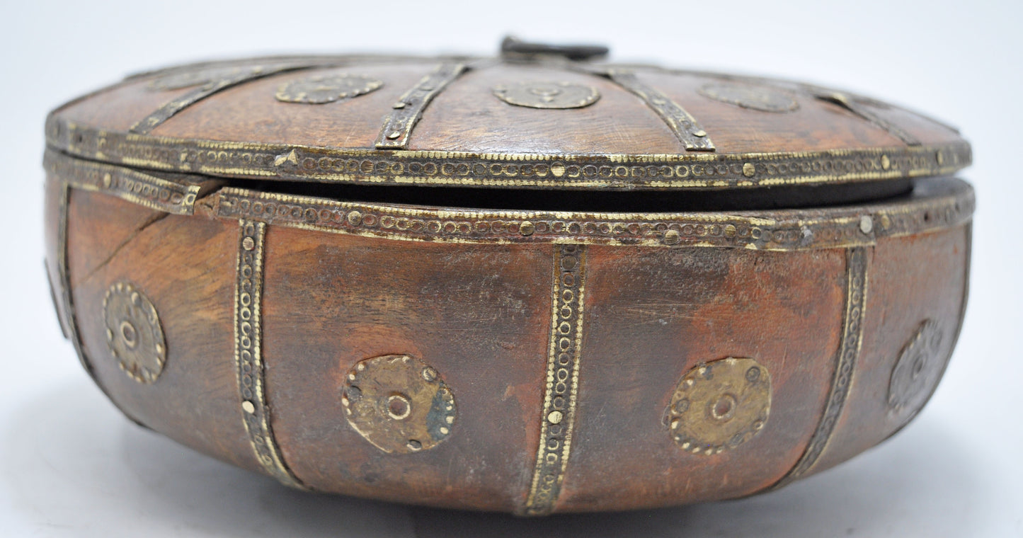 Vintage Wooden Round Kum Kum Powder Tika Box Original Old Hand Carved Brass Fitted