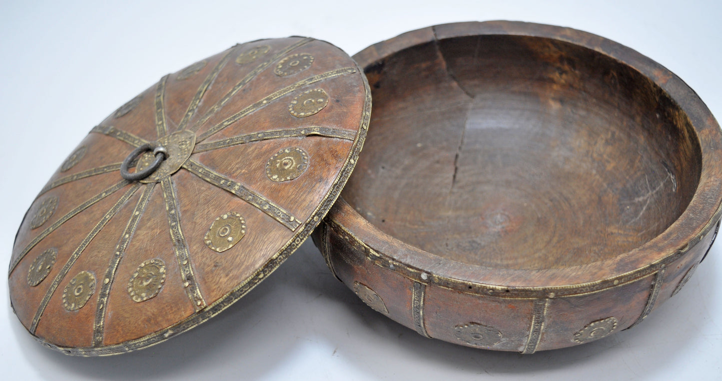 Vintage Wooden Round Kum Kum Powder Tika Box Original Old Hand Carved Brass Fitted