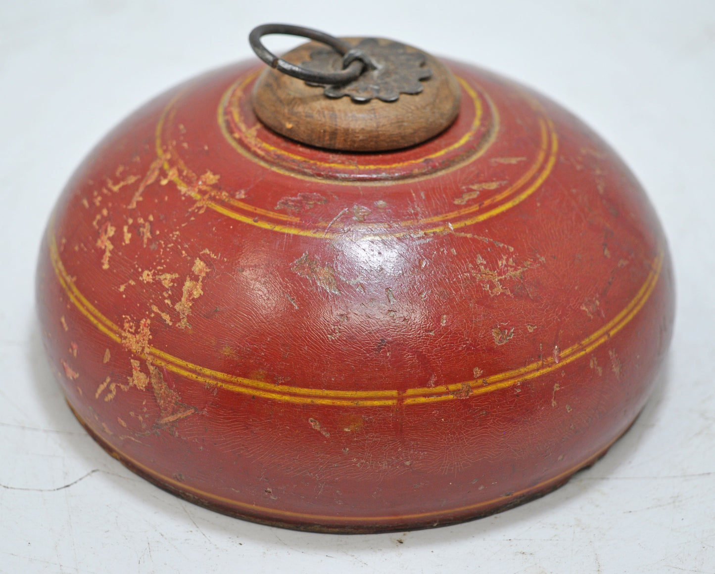 Antique Wooden Round Tobacco Opium Box Original Old Hand Carved Lacquer Painted