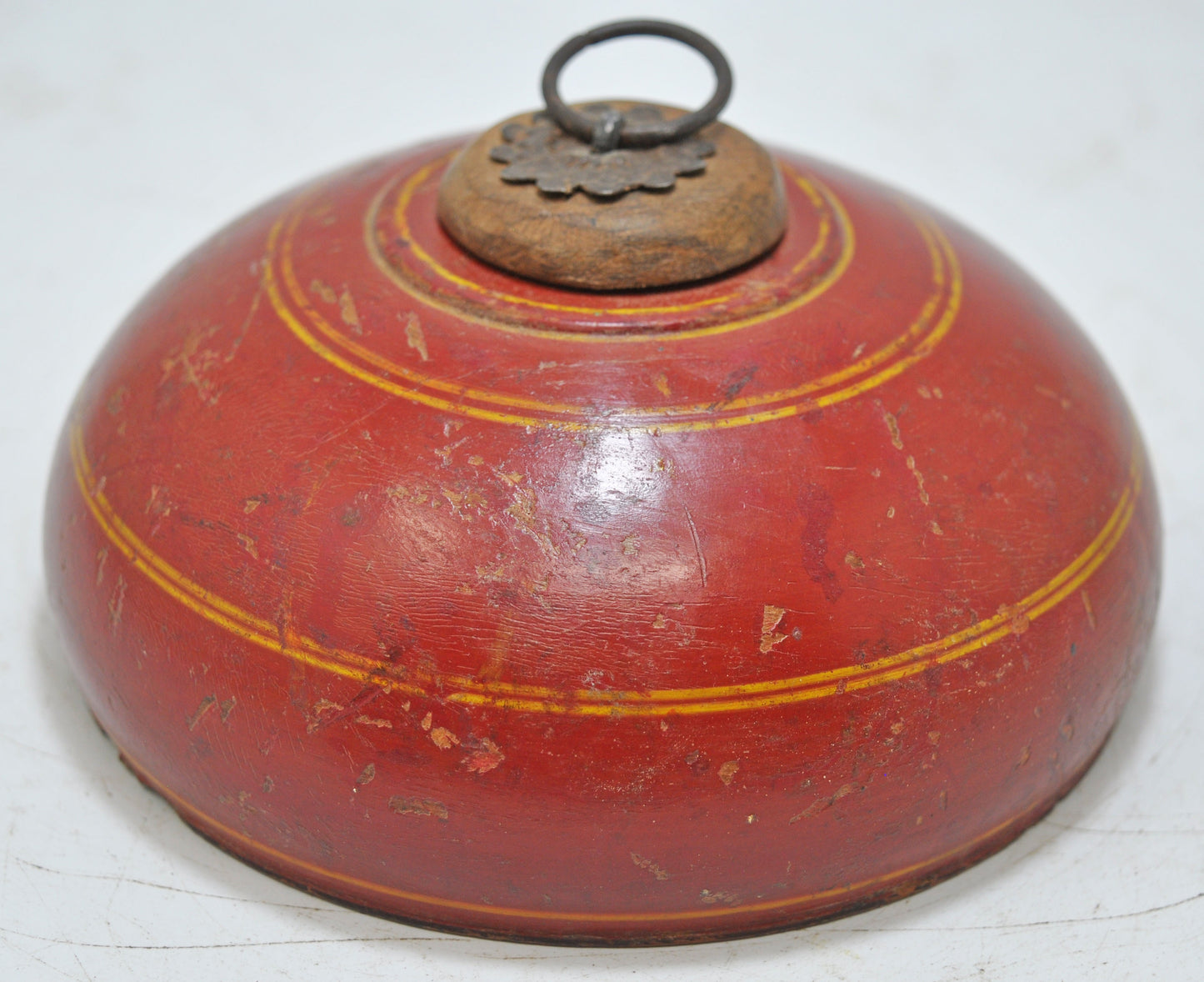 Antique Wooden Round Tobacco Opium Box Original Old Hand Carved Lacquer Painted