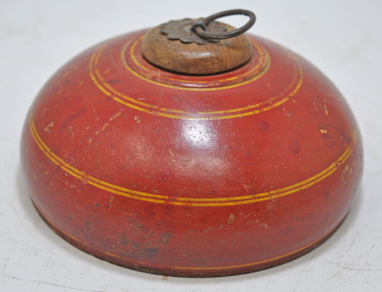 Antique Wooden Round Tobacco Opium Box Original Old Hand Carved Lacquer Painted
