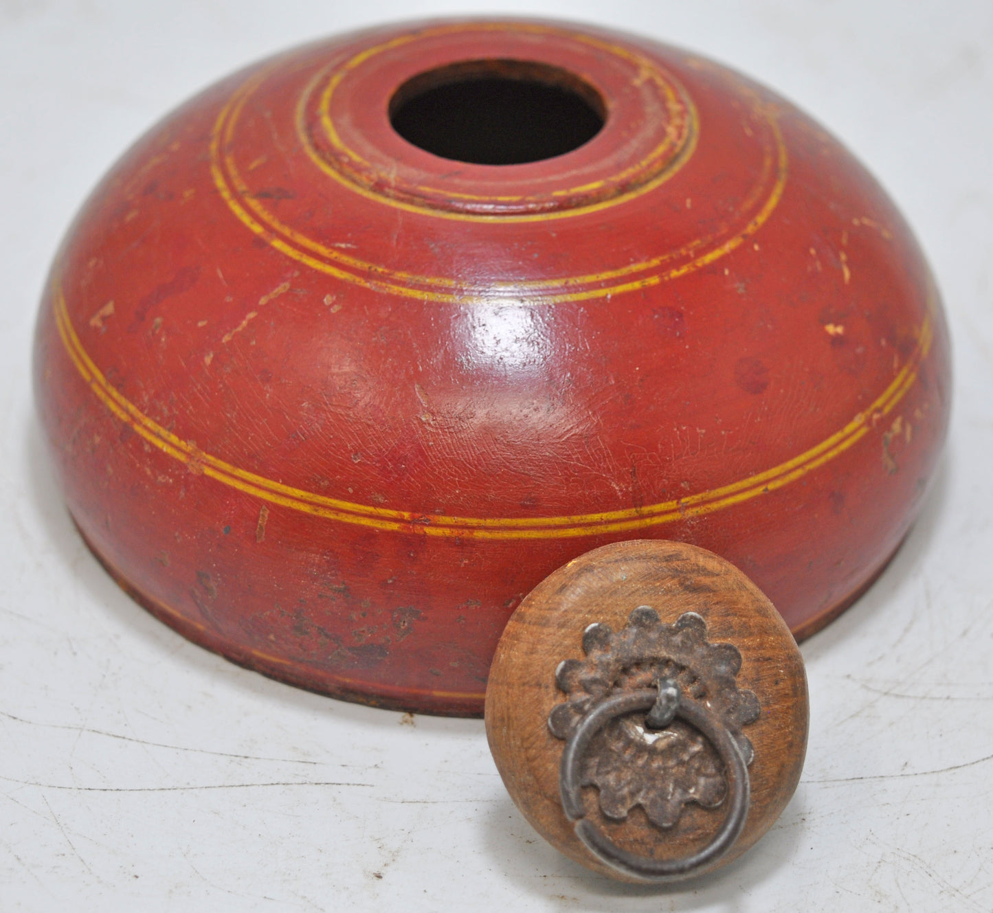Antique Wooden Round Tobacco Opium Box Original Old Hand Carved Lacquer Painted