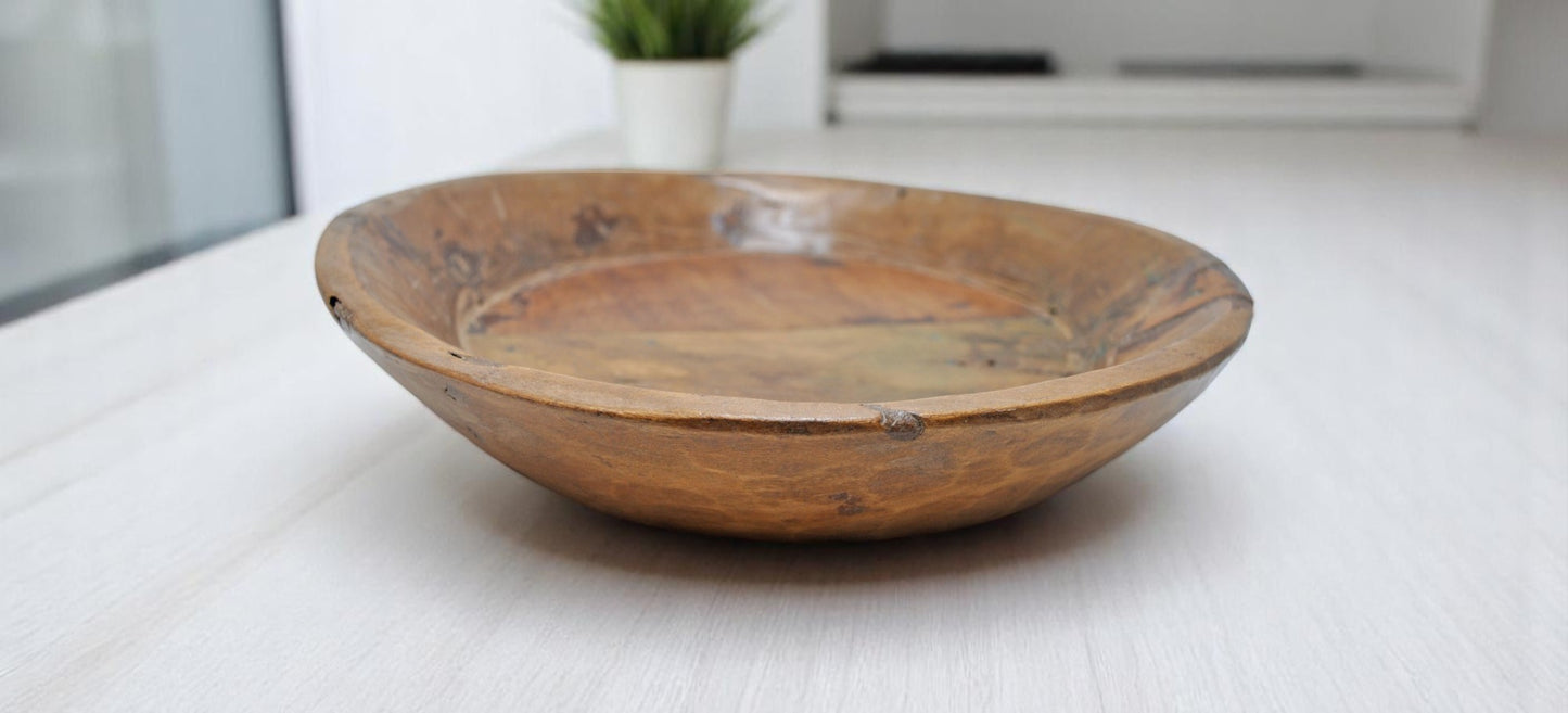 Antique Wooden Dough Kneading Round Parat Bowl Original Old Hand Carved