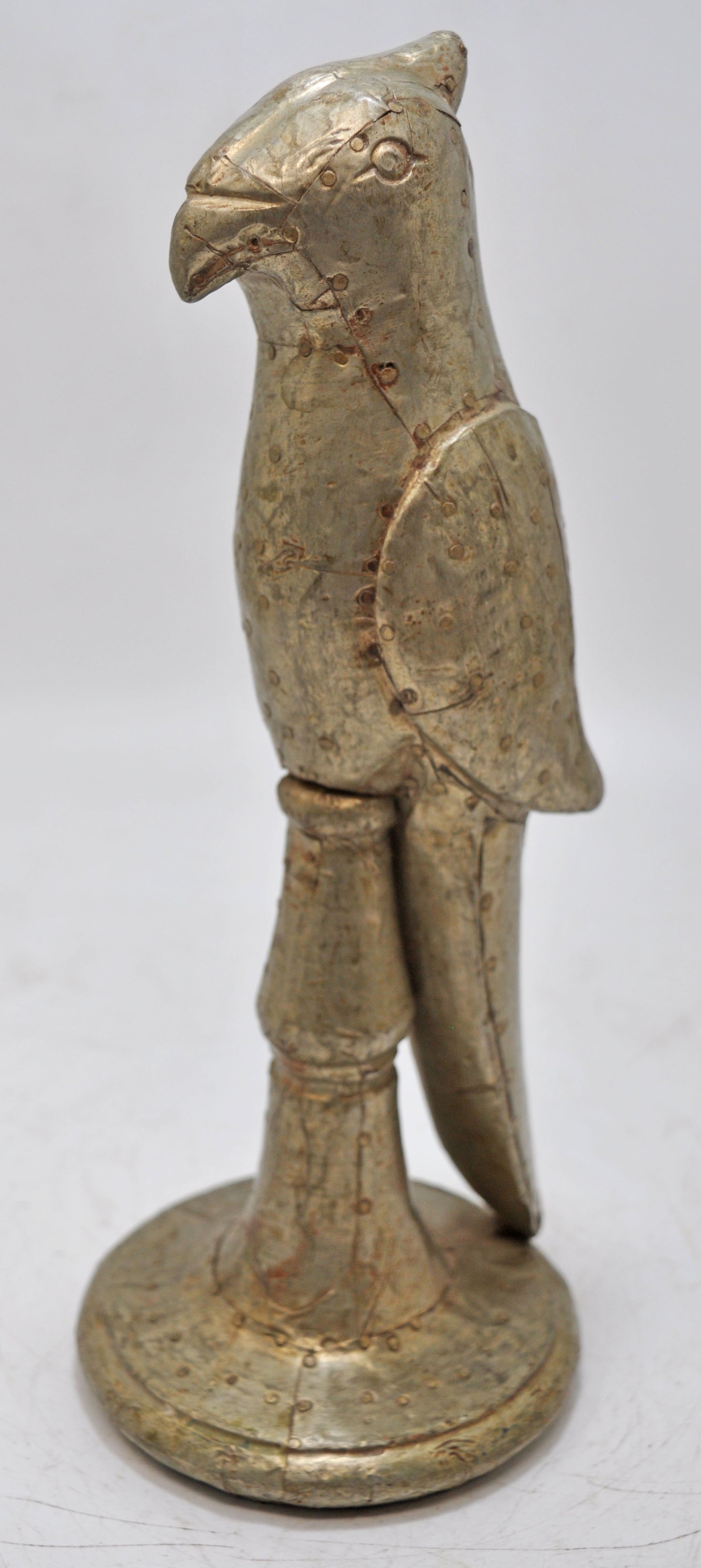 Vintage Wooden Parrot Bird Figurine Original Old Hand Carved White Metal Fitted