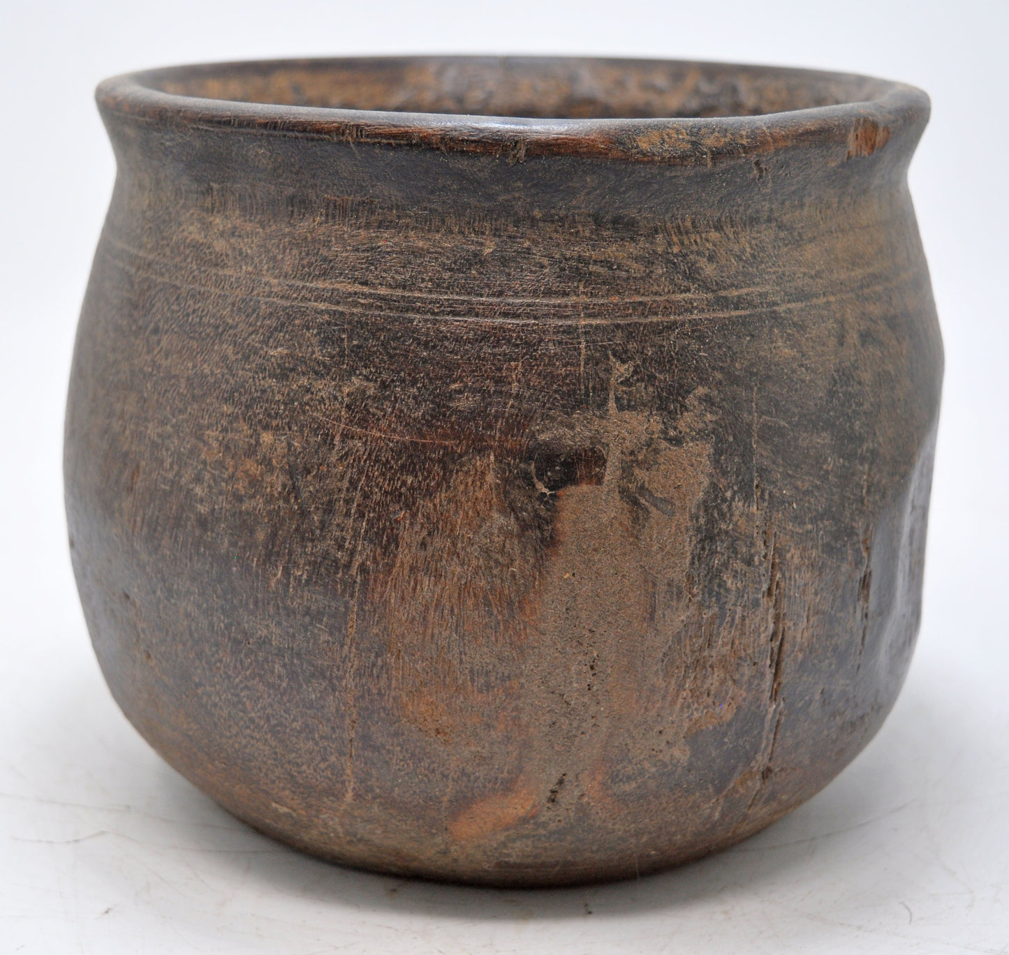 Antique Wooden Round Grain Measurement Pot Original Old Hand Carved