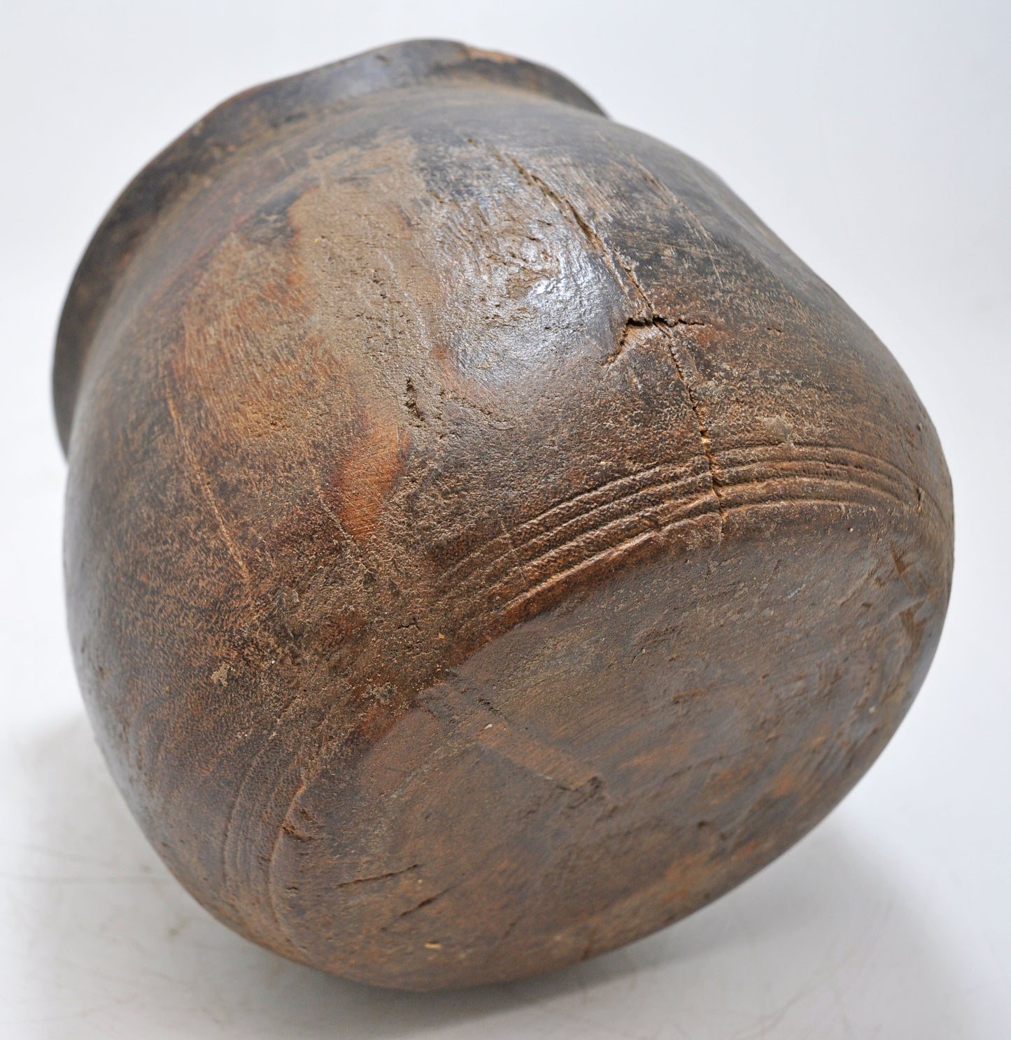Antique Wooden Round Grain Measurement Pot Original Old Hand Carved