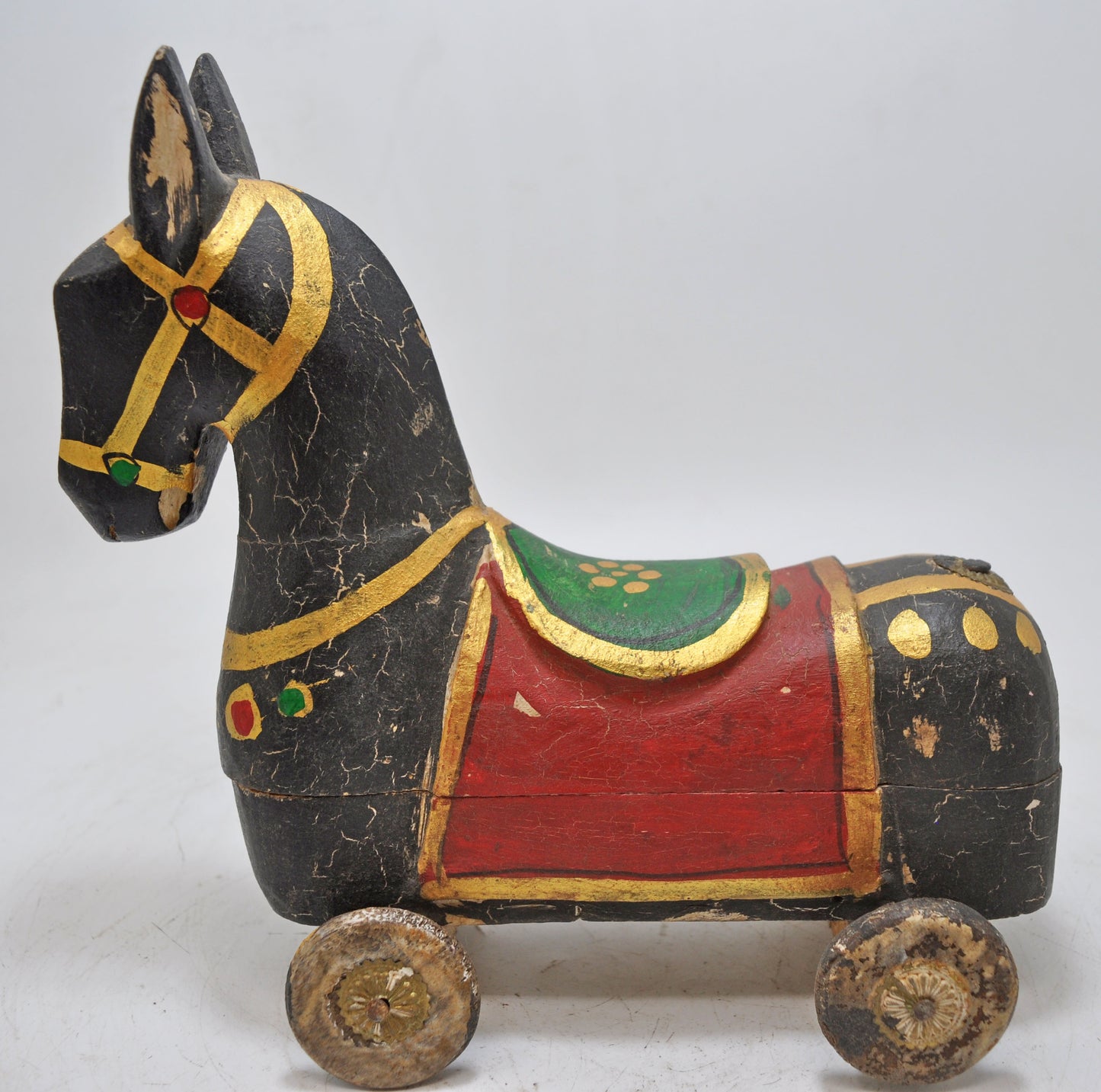 Hand Carved Wooden Horse on Wheels Figurine Spice Box Fine Hand Painted