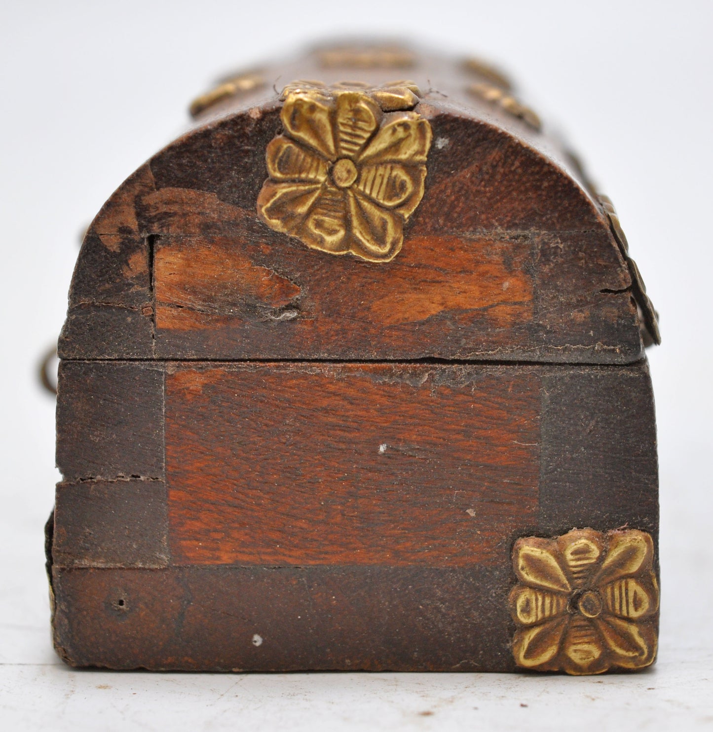 Vintage Wooden Small Half Round Jewellery Box Original Old Brass Fitted
