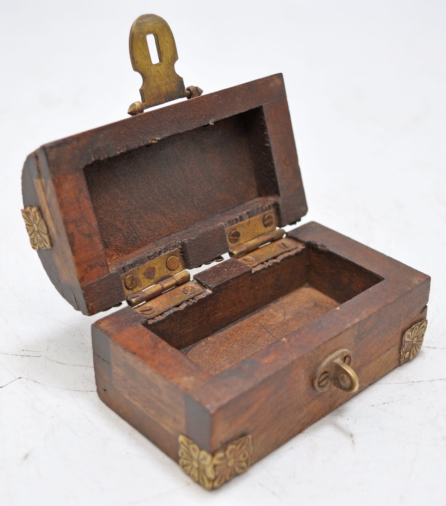 Vintage Wooden Small Half Round Jewellery Box Original Old Brass Fitted