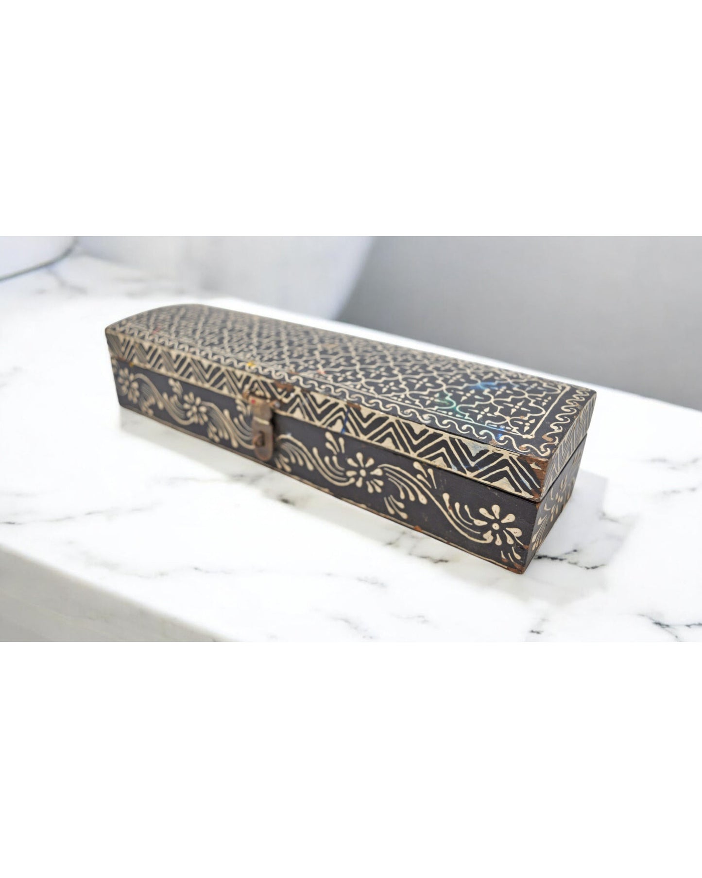 Vintage Wooden Pencil Stationary Box Original Old Hand Crafted Painted