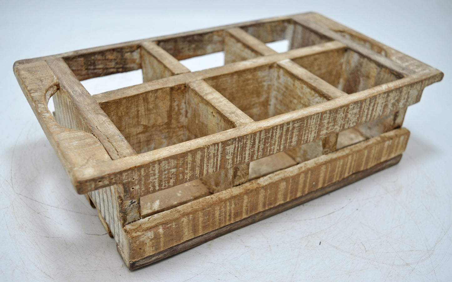 Vintage Wooden 6 Cup Tray Original Old Hand Crafted White Rustic